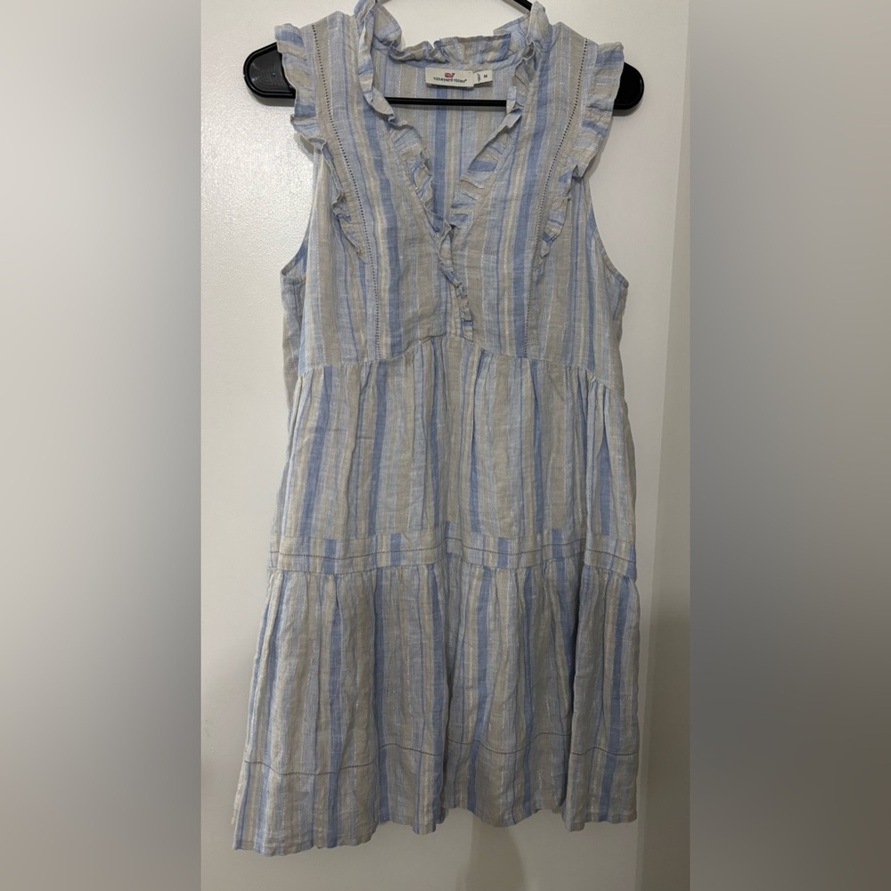 Vineyard Vines Women Tiered Ruffle Linen Dress Pebble Grey Size Medium Coastal